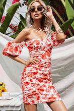 Load image into Gallery viewer, Off-Shoulder Floral Print Balloon Sleeve Dress