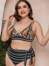 Load image into Gallery viewer, Full Size Botanical Print Striped Bikini Set