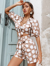 Load image into Gallery viewer, Polka Dot Tie Front Cropped Top and Shorts Set