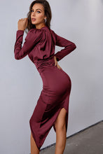 Load image into Gallery viewer, Ruched Tulip Hem Puff Sleeve Plunge Satin Dress