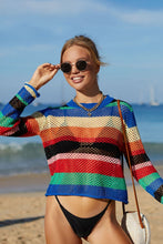 Load image into Gallery viewer, Rainbow Stripe Openwork Long Sleeve Cover-Up