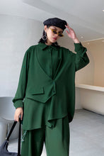 Load image into Gallery viewer, Button Down Asymmetrical Top and Chain Detail Pants Set