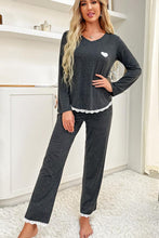 Load image into Gallery viewer, Heart Graphic Lace Trim Top and Pants Lounge Set
