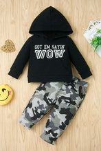 Load image into Gallery viewer, Boys Letter Pattern Hoodie and Camouflage Pants Set