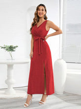 Load image into Gallery viewer, Slit Surplice Tie Waist Sleeveless Dress