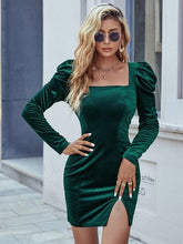 Load image into Gallery viewer, Square Neck Puff Sleeve Slit Mini Dress