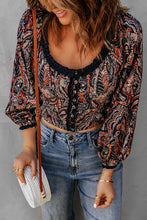 Load image into Gallery viewer, Printed Buttoned Balloon Sleeve Cropped Blouse
