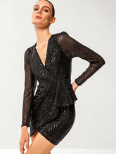 Load image into Gallery viewer, Sequined Puff Sleeve Ruffled Mini Wrap Dress