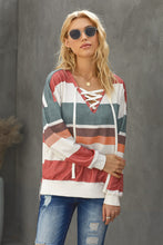 Load image into Gallery viewer, Multicolored Striped Lace-Up Dropped Shoulder Sweatshirt