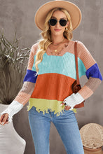 Load image into Gallery viewer, Color Block Distressed V-Neck Ribbed Sweater