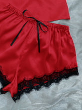 Load image into Gallery viewer, Lace Trim Cami, Shorts, Eye Mask, Scrunchie, and Bag Pajama Set