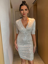 Load image into Gallery viewer, Sequin Slit Surplice Mini Dress