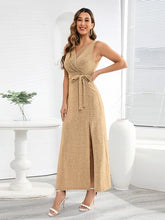 Load image into Gallery viewer, Slit Surplice Tie Waist Sleeveless Dress