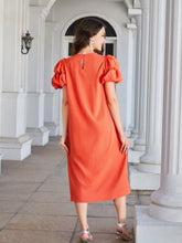Load image into Gallery viewer, Round Neck Bubble Sleeve Straight Hem Midi Dress