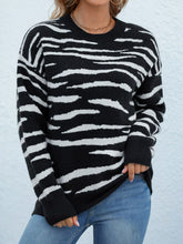 Load image into Gallery viewer, Zebra Print Round Neck Dropped Shoulder Sweater