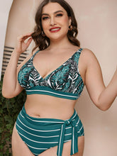 Load image into Gallery viewer, Full Size Botanical Print Striped Bikini Set