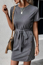 Load image into Gallery viewer, Decorative Button Tie-Waist Cuffed Sleeve Tee Dress