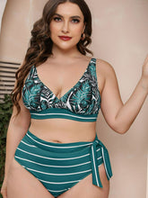 Load image into Gallery viewer, Full Size Botanical Print Striped Bikini Set