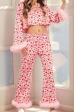 Load image into Gallery viewer, Fuzzy Trim Heart Print Cropped Top and Flare Pants Set
