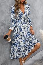 Load image into Gallery viewer, Printed V-Neck Ruffle Hem Flounce Sleeve Dress