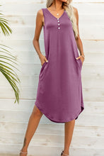 Load image into Gallery viewer, Buttoned V-Neck Curved Hem Sleeveless Dress