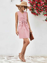 Load image into Gallery viewer, Buttoned V-Neck Belted Sleeveless Dress