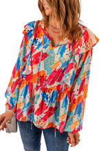 Load image into Gallery viewer, Brush Stroke Ruffled Tie Neck Blouse