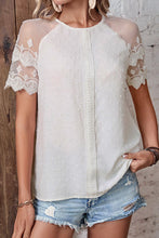 Load image into Gallery viewer, Swiss Dot Spliced Lace Round Neck Blouse