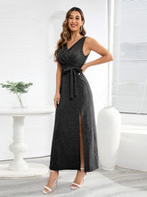 Load image into Gallery viewer, Slit Surplice Tie Waist Sleeveless Dress