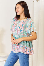 Load image into Gallery viewer, Double Take Floral Tie Neck Short Sleeve Blouse
