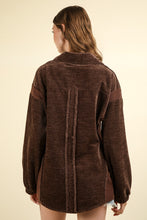 Load image into Gallery viewer, VERY J Mixed Media Button Down Raw Hem Shacket

