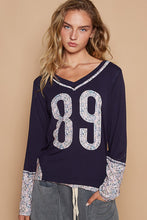 Load image into Gallery viewer, POL V-Neck Long Sleeve Floral Number Patch T-Shirt
