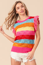 Load image into Gallery viewer, BiBi Pointelle Striped Ruffled Knit Top
