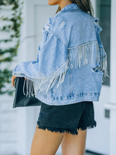 Load image into Gallery viewer, Distressed Fringe Denim Jacket
