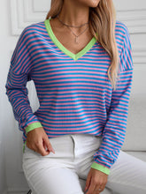 Load image into Gallery viewer, Contrast Trim Striped V-Neck Long Sleeve Knit Top
