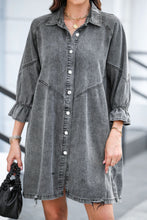 Load image into Gallery viewer, Distressed Collared Neck Flounce Sleeve Denim Dress
