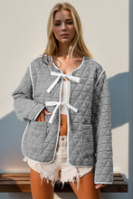 Load image into Gallery viewer, Double Take Contrast Trim Tie Front Quilted Jacket with Pockets
