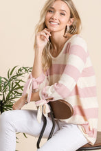 Load image into Gallery viewer, Reborn J Ribbon Cuff Contrast Striped Hacci Top
