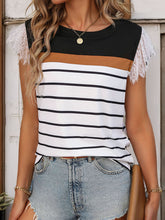 Load image into Gallery viewer, Lace Detail Striped Round Neck Cap Sleeve T-Shirt
