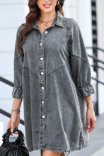 Load image into Gallery viewer, Distressed Collared Neck Flounce Sleeve Denim Dress
