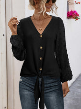 Load image into Gallery viewer, Tied Swiss Dot V-Neck Long Sleeve Blouse
