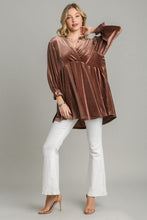 Load image into Gallery viewer, Umgee Full Size Beaded Frill Flounce Sleeve Velvet Babydoll Blouse
