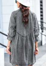 Load image into Gallery viewer, Distressed Collared Neck Flounce Sleeve Denim Dress
