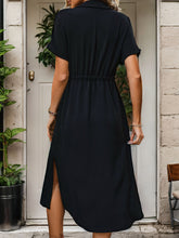 Load image into Gallery viewer, Perfee Slit Drawstring Button Up Short Sleeve Midi Dress
