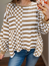 Load image into Gallery viewer, Checker &amp; Stripes Round Neck Long Sleeve Blouse
