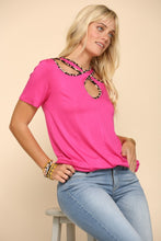 Load image into Gallery viewer, Celeste Full Size Crisscross Cutout Leopard Contrast Trim T-Shirt
