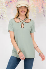 Load image into Gallery viewer, Celeste Full Size Crisscross Cutout Leopard Contrast Trim T-Shirt
