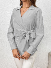 Load image into Gallery viewer, Bow Tie Waist Johnny Collar Neck Striped Blouse
