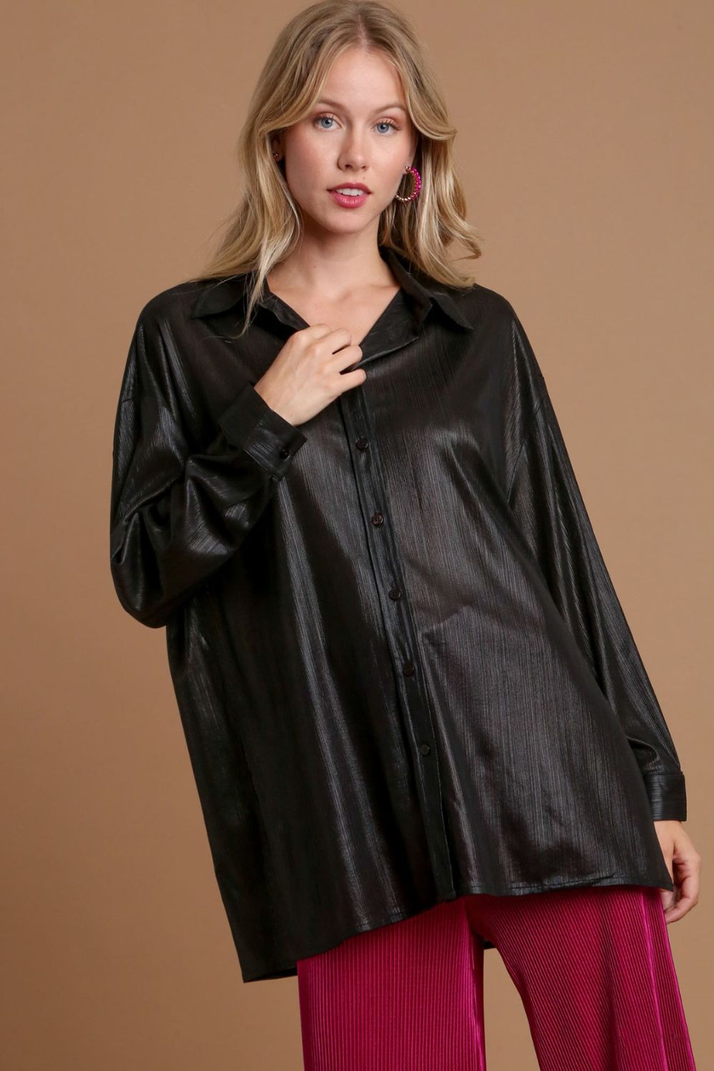 Umgee Side Slit Button Up Long Sleeve Shirt