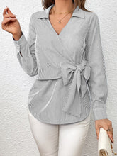 Load image into Gallery viewer, Bow Tie Waist Johnny Collar Neck Striped Blouse
